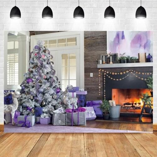 Purple Christmas Decoration Tree Gifts Wood Floor Photo Background Interior Fireplace Photography Backdrops For Photo Decor
