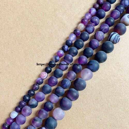 15" Natural Stone Frost Grind Arenaceous Matte Purple Stripe Agates Onyx Round Loose Beads 6 8 10 MM Pick Size