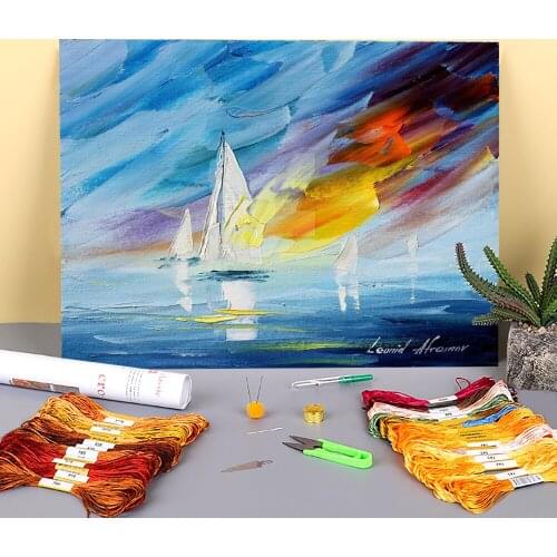 Oceans Glory Printed Water-Soluble Canvas 11CT Cross Stitch Patterns DIY Embroidery DMC Threads Painting Handicraft Mulina