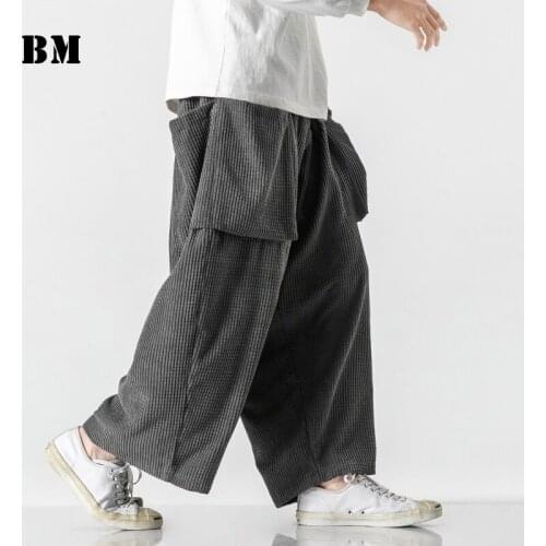 Chinese Style Corduroy Casual Wide Leg Pants 2021 Fashion Harajuku Big Pocket Black Straight Trousers Plus Size Bottoms Men