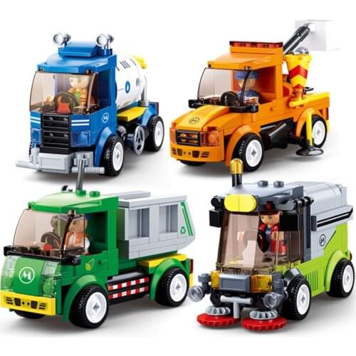 City Town Building Block City Great Vehicles Municipal Car Garbage Truck Light Repair Truck Road Sweeper Sprinkler Bricks Toy