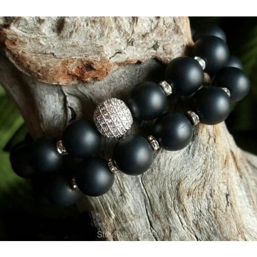 Matte Onyx Agates Beads Silver Pave CZ Ball Bracelet Set of 2 SE21604