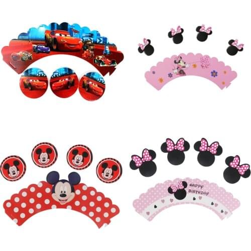 Mickey Cake party 12pcs Wrappers + 12pcs Toppers Minnie Mouse Colored Paper Cupcake Cake Kids Birthday Party Decoration Supplies