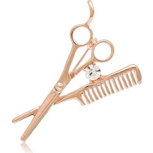 OneckOha Fashionable Metal Alloy Comb Scissor Brooches Crystal Mens Brooch Pin Gold Color