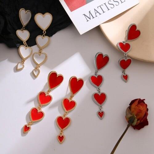 Fashion Trend Street Red Heart Long Drop Earrings Statement Bohemian Gold Silver Color Love Pendant Earrings Jewelry Wholesale