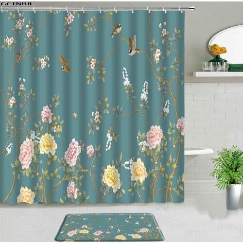 Chinese Style Scenery Shower Curtains Set With Rug Retro Flower Bird Landscape Bathroom Decor Flannel Carpet Non-slip Floor Mat