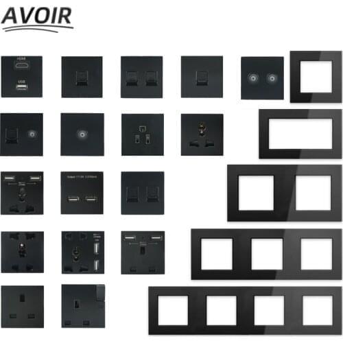 Avoir Black Usb Wall Socket Glass Panel Electrical Outlet Function Key UK UN US Double Plug TV RJ45 Sockets DIY Free Combination