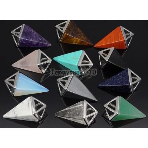 Randomly Mixed Natural Gems Stones Pyramid Pointed Healing Reiki Chakra Silver Pendant Beads Necklace Jewelry 10Pcs/Pack
