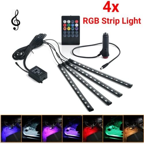 4pcs Car RGB USB LED Strip Light Interior Styling Decorative Atmosphere Lamps Strip LED With Remote Voice controlled rhythm lamp