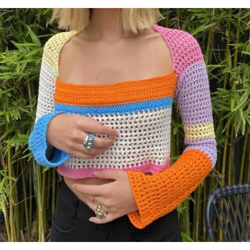 Hirigin Y2K Knitted Sweaters Crop Tops Patchwork Long Sleeve Hollow Out Autumn Spring Vintage Women Sexy Sweaters Streetwear