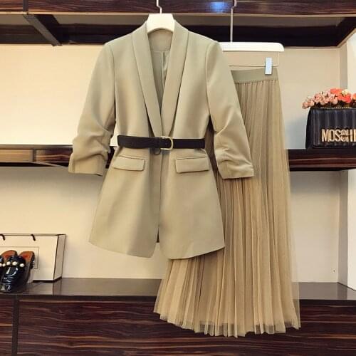 Women Oversized Suit Long Coat Mesh Skirt Two-piece Set 2021 Autumn Winter Female Elegant Solid Blazer Dress Suits with Belt s13