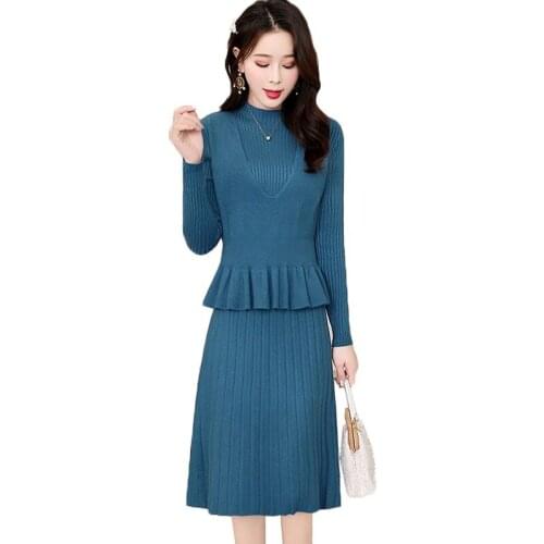 Spring Autumn Women Knit Dress 2020 New Fashion Half Turtleneck Sweater Dress + Knit Vest Tops Two Piece Elegant Women Set Dress