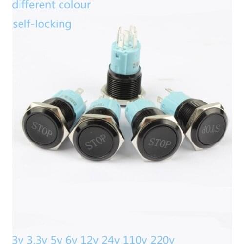 1 Pcs 16mm black metal LED push button switch Self-locking Switch with stop symbol for Car modification