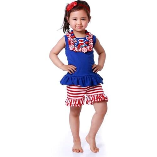 2018 Kaiya New Cotton Summer Girls Clothing Set Girls Shirt Shorts Ruffle Suit Wholesale 9M-8T Striped Boutique Fall Outfit