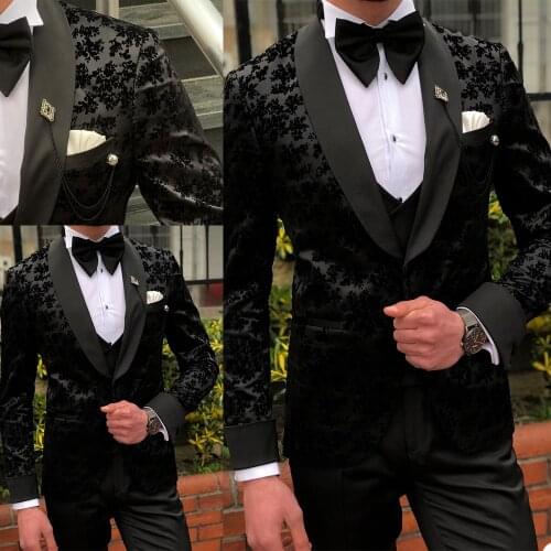 3 Pcs Black Mens Suits Wedding Tuxedos Custom Made Lace Groom Groomsmen Suit Mens' Business Formal Wear