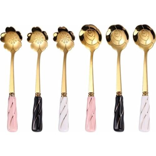 6 PCS Flower Spoon Coffee Spoon Sets, Stainless Steel Tea Spoon Dessert Spoon with Ceramic Handle for Ice Cream Dessert
