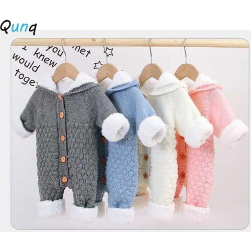 Qunq Baby Romper Winter Thick Warm Velvet Knitted Infant Girls Jumpsuits Hooded Cute Ear Newborns Girls Sweater Baby Costume