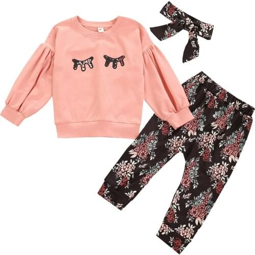 Baby Girl’s Bubble Long Sleeve Trousers Suit Unique Eyelash Pattern T-shirt Flower Long Pants and Headband