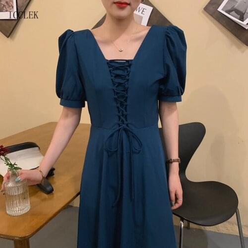 French Elegant Solid Waist Slim Square Neck Puff Sleeve Midi 2021 Summer New One-Piece Korean Womens Casual Ladies Office Dress