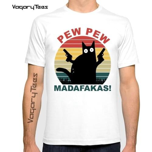 Funny cats lovers t shirt 2021 pew pew madafakas cat Retro Black Cat print tshirt men aesthetic t-shirt male streetwear tops