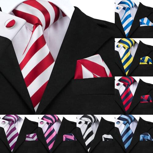 Hi-Tie New Hot Selling White Red Striped Tie+Hanky+Cufflinks Set Mens 100% Silk Ties for Formal Wedding Business Party SN-242
