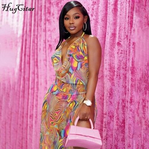 Hugcitar 2021 Sleeveless Halter Slit Bandage Backless Irregular Bodycon Dress Summer Sexy Women Streetwear Y2K Party Club