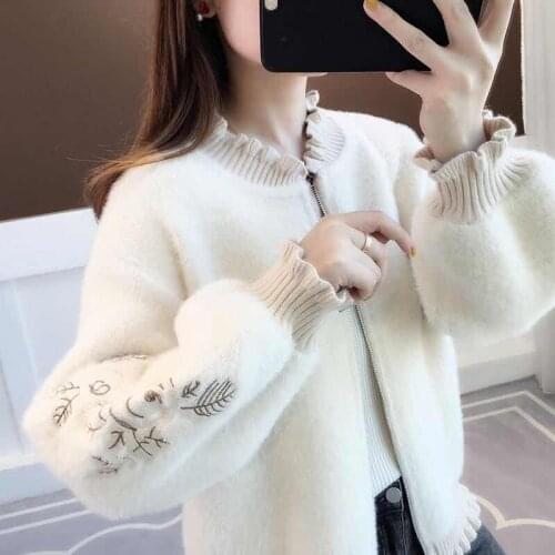 Faux Mink Cashmere Cardigan Sweater Women 2021 New Autumn Winter Knitted Coat Floral Embroidery Long Sleeve Cardigan Y158