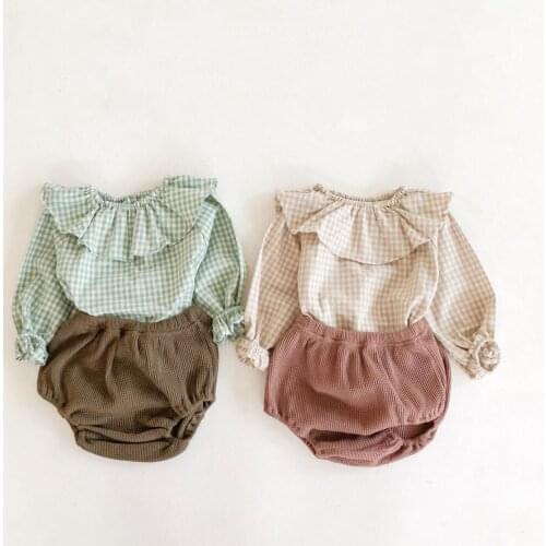 2pcs 2020 Baby Girl Clothes Set Plaid Cotton Tops + Pumpkin Pants Suit Ruffle Twins Autumn Spring Infant Toddler Newborn Outfits