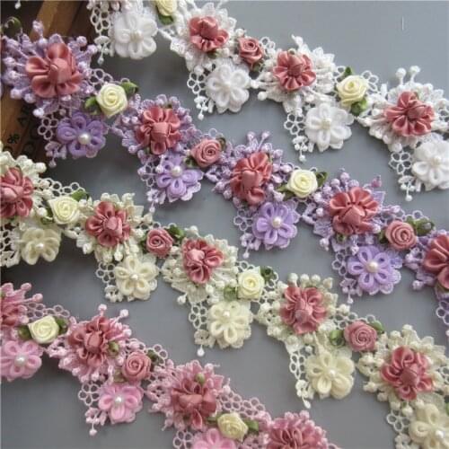 1yard Polyester Colorful Pearl Rose Flower Embroidered Lace Trim Ribbon Fabric Sewing Craft For Costume Wedding Dress Decoration