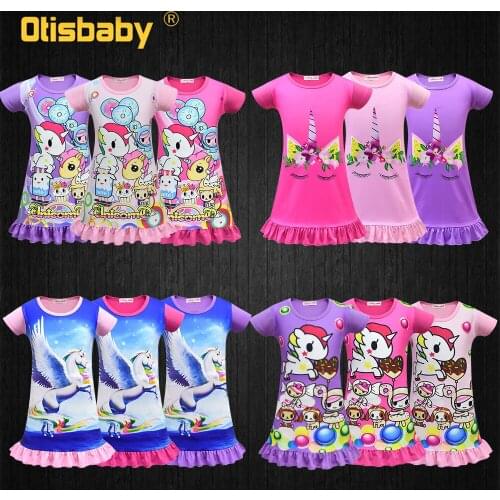 Summer Girl Unicorn Dress Toddler Rainbow Unicorn Pajamas Little Pony Print Nightgown Horse Clothes for Girls Unicorn Headband
