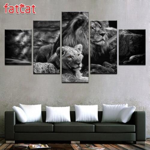 FATCAT Diy Diamond Painting 5 Pieces Black White Animal Pictures King Of The Forest Lions Full Diamond Embroidery Sale AE794