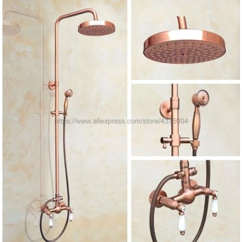 Antique Red Copper Bathroom Rainfall Shower Faucets Set Double Handle Mixer Tap Wall Mounted Bath Showers Sets Nrg582