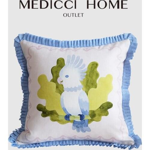 Medicci Home Rustic Cushion Cover Natural Linen Cotton Edge Ruffled Pillow Case Hand Painted Parrot Swallow Swan Decorative