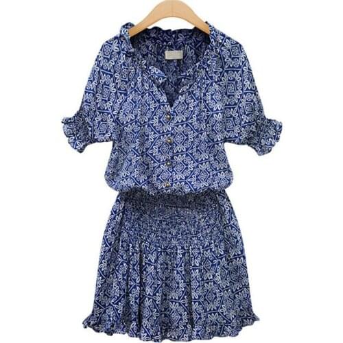 Casual Women Dresses Fashion Summer Short Sleeve V Neck Buttons Floral Print Large Hem Party Mini Dress vestido de mujer 2021