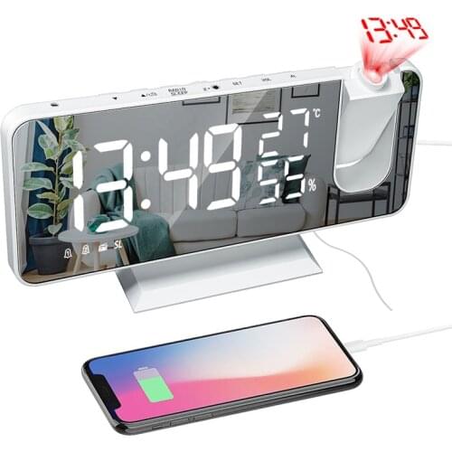 Projector FM Radio Alarm Clock Thermometer and Hygrometer With Mirror Screen for Bedroom USB Wake Up Time Projector