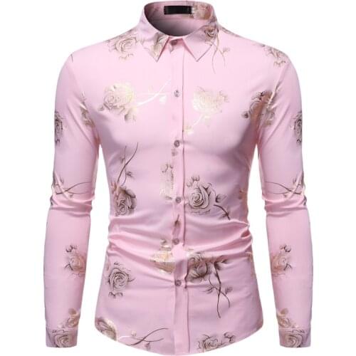 Stylish Rose Floral Gold Print Pink Shirt Men 2020 New Slim Fit Long Sleeve Mens Dress Shirts Club Party Wedding Camisa Social