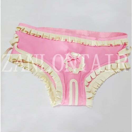 Sexy exotic Lingerie girl women handmade Latex pink spliced white purfle lace pricess club party shorts Underwear crotch zipper