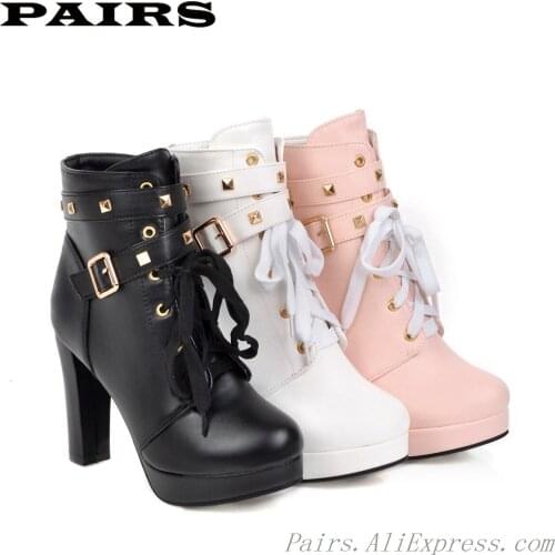 Women Ankle Boots Plus Size 44 Wholesale Lace Up Woman High Heels Platform Shoes with Buckle Strap Rivets Stud. Elegant Footwear