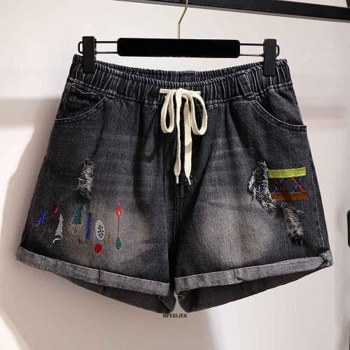 Plus Size 7XL 8XL 9XL 100KG 150KG Black summer Embroidery jeans casual Large denim shorts hole Women short pants