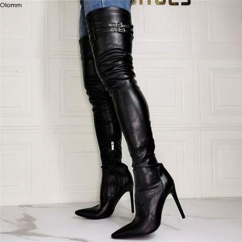 Olomm 2020 Women Thigh High Boots Sexy Buckle Stiletto High Heels Boots Pointed Toe Black Party Shoes Women Plus US Size 5-15
