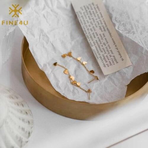 FINE4U E329 Stainless Steel Cute Heart Dangle Drop Earrings Long Tassel Love Heart Stud Earrings for Women Teen Girls