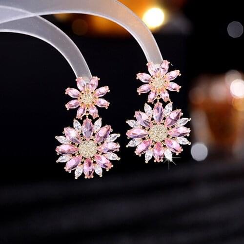 Spring Fashion Crystal Flower Earrings for Women 2021 Luxury Jewelry Cubic Zirconia Wedding Brand Earring Dangler