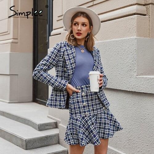 Simplee Elegant autumn winter plaid women blazer coat Causal long sleeve coat short Office ladies double breasted women suit
