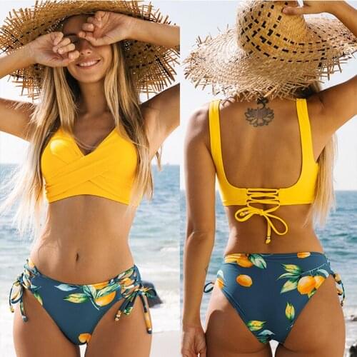 DR.EAGLE New Beach Bathing Suits Yellow And Lemon Print Mid-Waist Bikini Sets Swimsuit Women Sexy Lace Up Two Pieces Swimwear