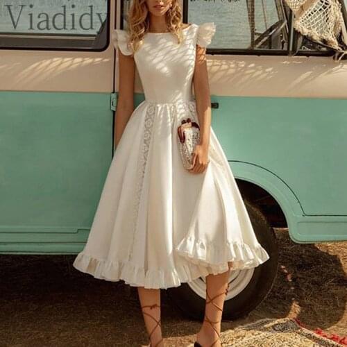 Women Solid Color Slim Lace Patchwork Short Sleeve Midi Dress