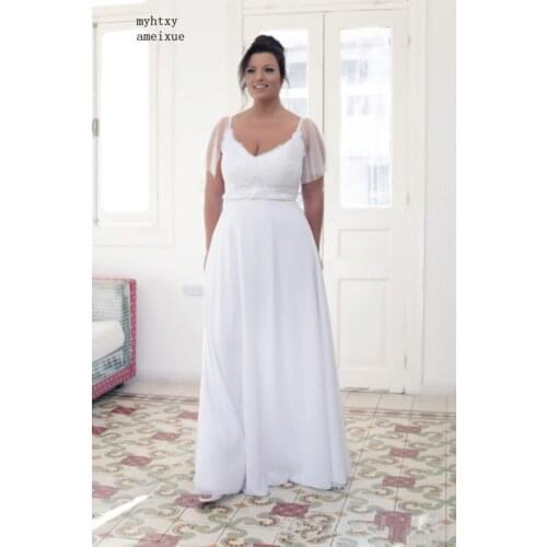 2020 Plus Size Cheap Wedding Dresses With Sleeves Lace Chiffon Floor Length Open Back Country Beach Bridal Gowns Custom Made