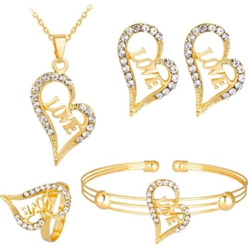 2021 Women Rhinestone Heart LOVE Pendant Necklace Earrrings Bracelet Ring Jewelry Set