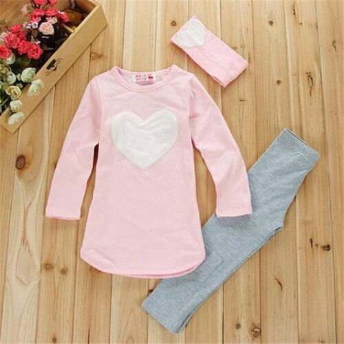 3pcs 1pc Hair Band+1pc Shirts+1pc Pants Childrens Clothing Set Girls Clothes Suits Pink Red Heart TZ28
