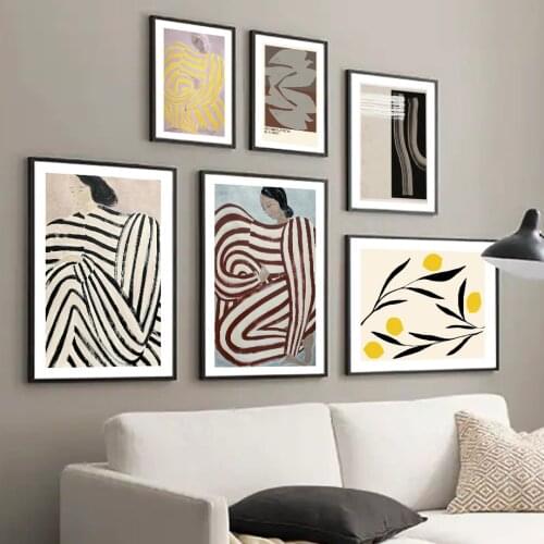 Abstract Minimalist Colorful Stripe Girl Bird Leaves Nordic Poster Wall Art Print Canvas Painting Decor Pictures For Living Room