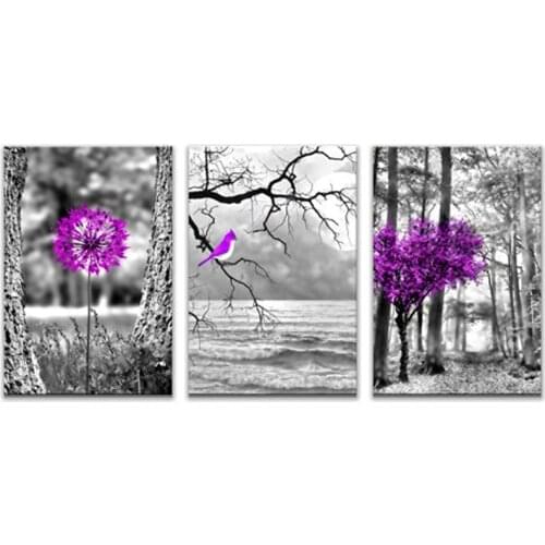 Diamond Painting 3pcs set Purple Tree Flowers And Birds Modern wall Art Black And White,Landscape,Pictures Home Decoration